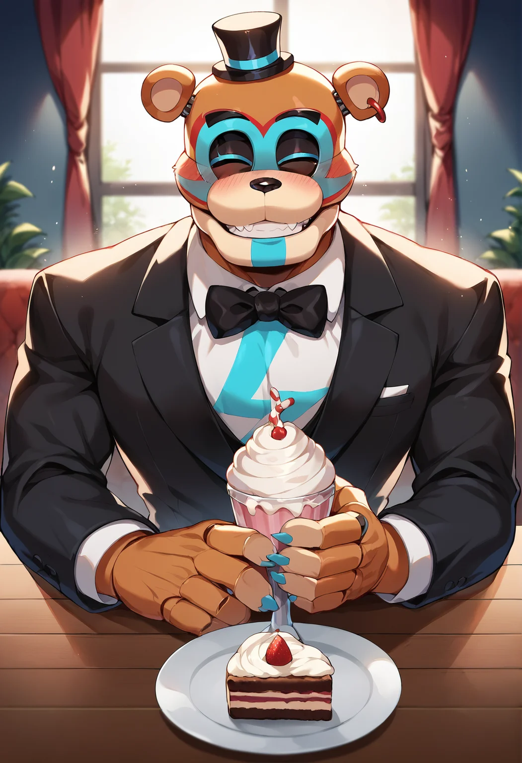 score_9, score_8_up, score_7_up, score_6_up, lots of details, source_anime, highly detailed, muscular, pov, cafe, jacket, gentleman, black tuxedo, dating, handsome, bear ears, cakes, table, ear piercing, smile, winking, milkshake, male focus, 1boy, glamrockfreddy, animatronic, indoors, dim lighting, holding milkshake, blurry background, blush lines, intense blush, grin, looking at viewer <lora:GlamrockFreddyPony:0.85>