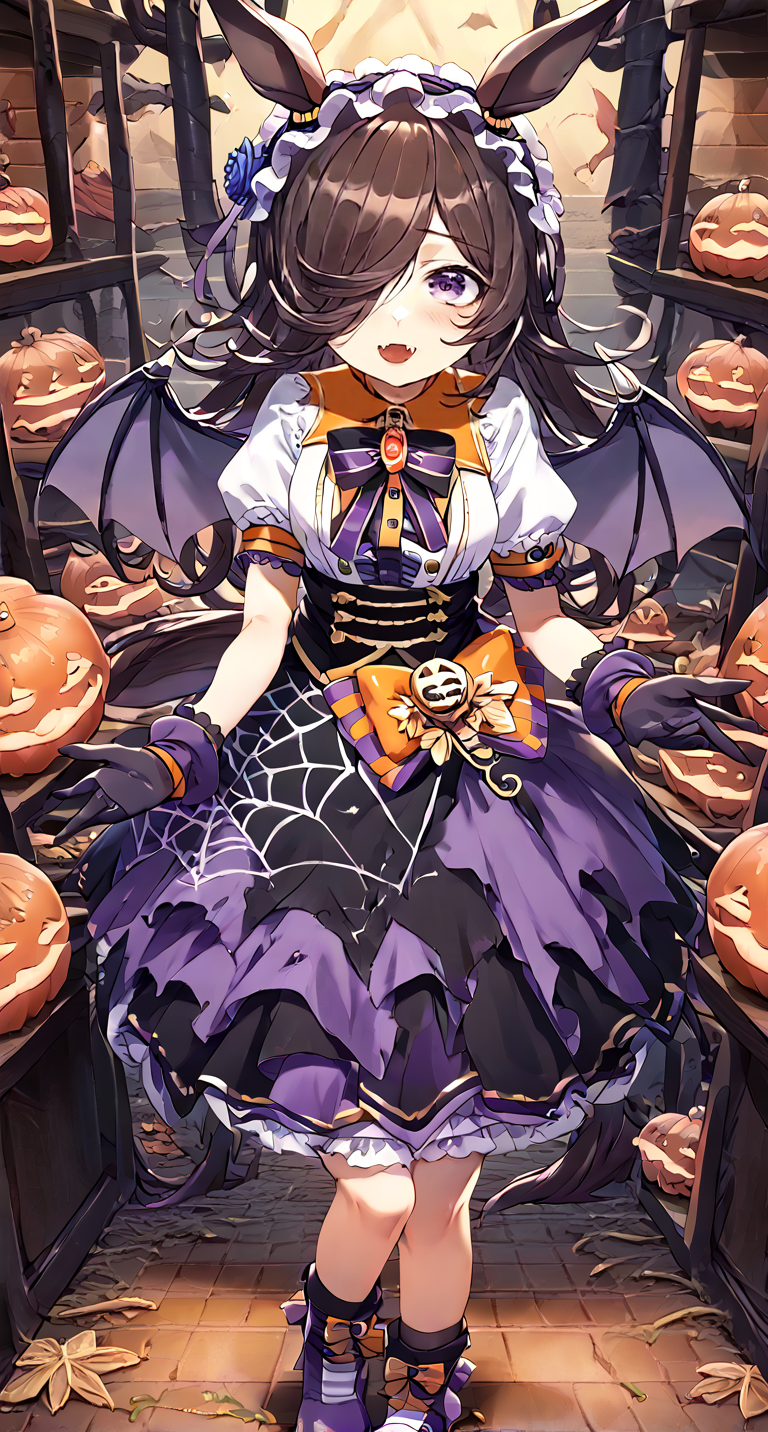 score_9,score_8_up,score_7_up,
official art,official style,game cg,megami magazine,
1girl,
rcs race,rice shower (umamusume),
rcs muv, rice shower (make up vampire!) (umamusume), rice shower (umamusume),
animal ears, bangs, bat wings, black bow, black bowtie, black skirt,
blue flower, blue rose, blush, boots, bow, bowtie, brooch, brown hair,
center frills, collared shirt, dress, eyebrows visible through hair,
flower, frilled hairband, frills, gloves, hair flower, hair ornament, hair over one eye,
hairband, halloween, high-waist skirt, horse ears, horse girl, horse tail,
jewelry, layered skirt, long hair, official alternate costume, orange bow,
puffy short sleeves, puffy sleeves, purple bow, purple eyes, purple footwear, purple gloves,
purple hairband, purple skirt, rose, shirt, short sleeves, skirt, spider web print, tail, violet eyes, white shirt,
standing,
<lora:umamusume_rice_shower_pony_v1:1>,