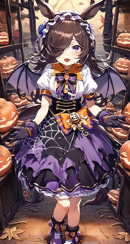 score_9,score_8_up,score_7_up,
official art,official style,game cg,megami magazine,
1girl,
rcs race,rice shower (umamusume),
rcs muv, rice shower (make up vampire!) (umamusume), rice shower (umamusume),
animal ears, bangs, bat wings, black bow, black bowtie, black skirt,
blue flower, blue rose, blush, boots, bow, bowtie, brooch, brown hair,
center frills, collared shirt, dress, eyebrows visible through hair,
flower, frilled hairband, frills, gloves, hair flower, hair ornament, hair over one eye,
hairband, halloween, high-waist skirt, horse ears, horse girl, horse tail,
jewelry, layered skirt, long hair, official alternate costume, orange bow,
puffy short sleeves, puffy sleeves, purple bow, purple eyes, purple footwear, purple gloves,
purple hairband, purple skirt, rose, shirt, short sleeves, skirt, spider web print, tail, violet eyes, white shirt,
standing,
<lora:umamusume_rice_shower_pony_v1:1>,