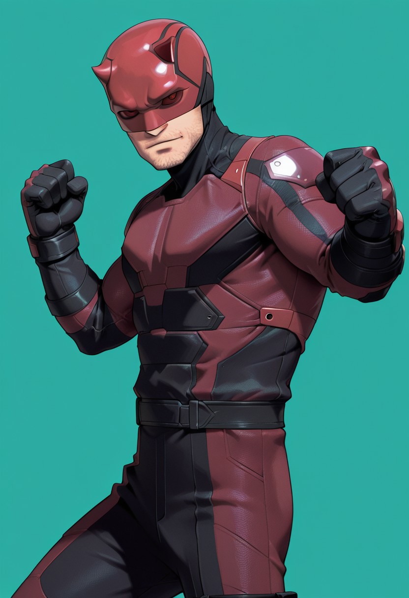Green background, simple background, solid color background, 2d, 1boy, solo, Marvel, DD, mask, stubble, facial hair, helmet, red eyes, no pupils, red sclera, red bodysuit, black trim, upper body, hands up, fists, fight stance, looking at viewer, side view, cowboy shot, legs,