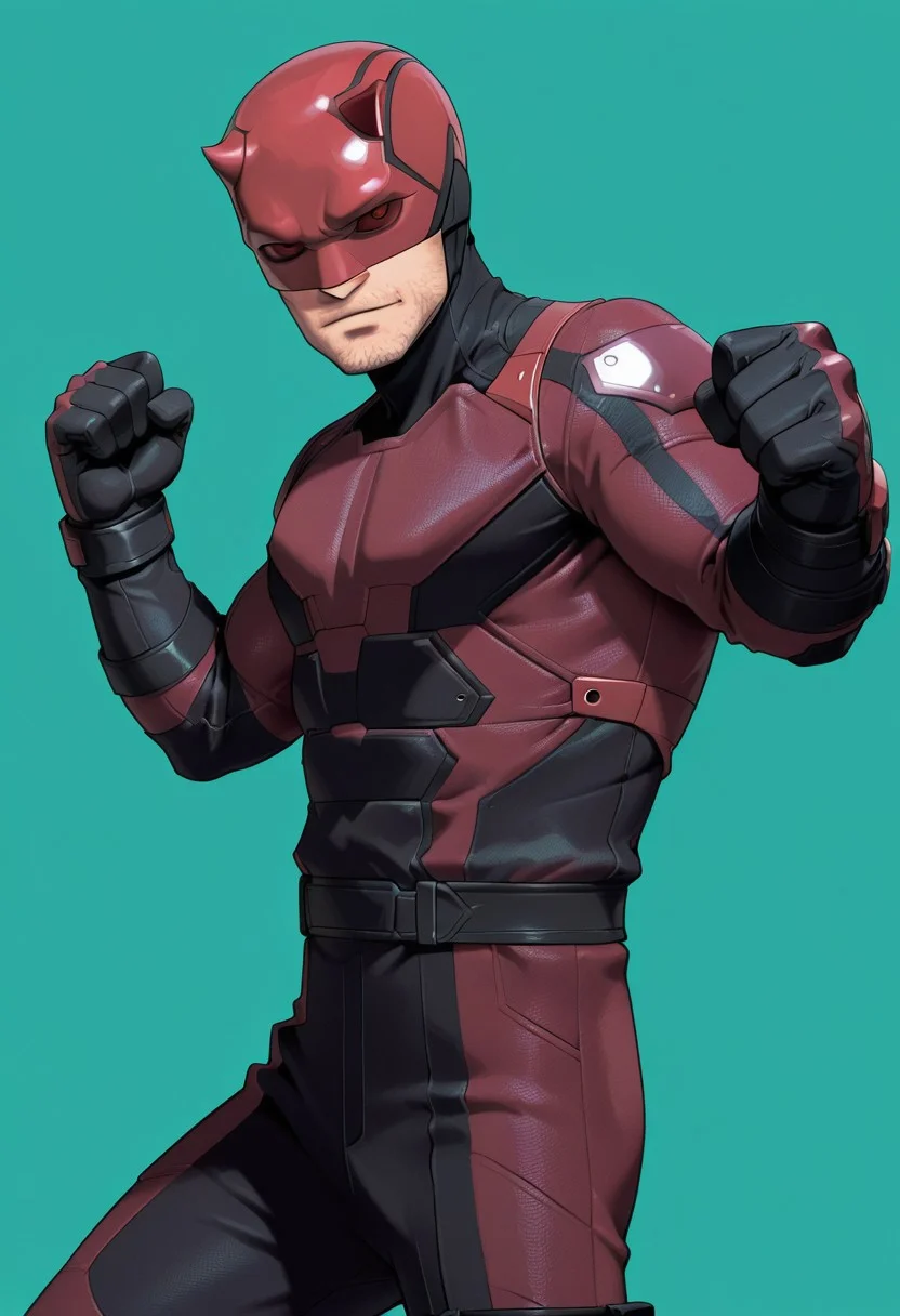 Green background, simple background, solid color background, 2d, 1boy, solo, Marvel, DD, mask, stubble, facial hair, helmet, red eyes, no pupils, red sclera, red bodysuit, black trim, upper body, hands up, fists, fight stance, looking at viewer, side view, cowboy shot, legs,