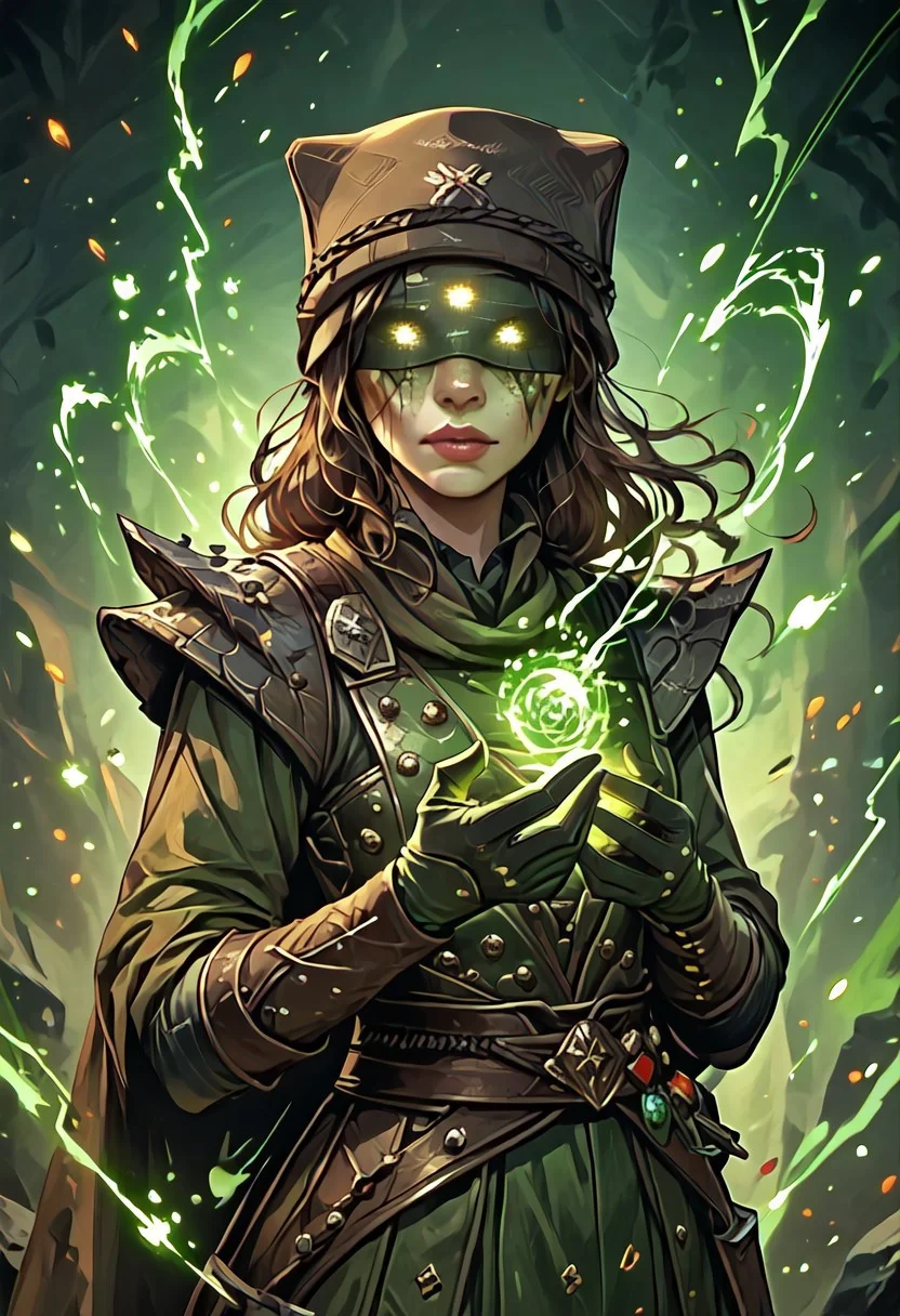((zPDXL3)), ((masterpiece,best quality, highly detailed)), ((score_9)), score_8_up, score_7_up, score_6_up, score_5_up, score_4_up, Digital painting style, brushstrokes, ((EnhanceImage)), solo, 1girl, erismorn, glowing eyes, makeup, hat, armor, gloves, blindfold, pauldrons, covered eyes,
Expressiveh, 30yo,
chinese magical sorceress, animated, swirling green magic, wisps of green magic, magical accessories, evoking motion, conveying motion, dynamic splash art, ((handfixer)), four fingers, one thumb, detailed background,
<lora:PainterlyFantasiaPDXL:0.6>,