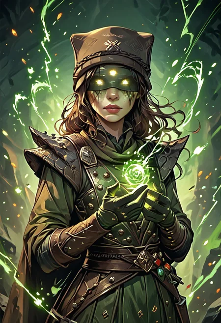 ((zPDXL3)), ((masterpiece,best quality, highly detailed)), ((score_9)), score_8_up, score_7_up, score_6_up, score_5_up, score_4_up, Digital painting style, brushstrokes, ((EnhanceImage)), solo, 1girl, erismorn, glowing eyes, makeup, hat, armor, gloves, blindfold, pauldrons, covered eyes,
Expressiveh, 30yo,
chinese magical sorceress, animated, swirling green magic, wisps of green magic, magical accessories, evoking motion, conveying motion, dynamic splash art, ((handfixer)), four fingers, one thumb, detailed background,
<lora:PainterlyFantasiaPDXL:0.6>,