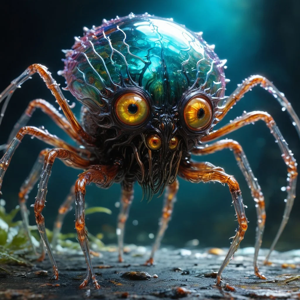bioengineered glass spider monster, many legs, spindly legs, lots of eyes, (transparency:1.4), (detailed cybernetic implants fused with organic matter), visible organs, visible brain, full body, hundreds of tiny eyes, (with intensely vibrant swirling colors:1.3), realistic photo, artialien, looking at viewer