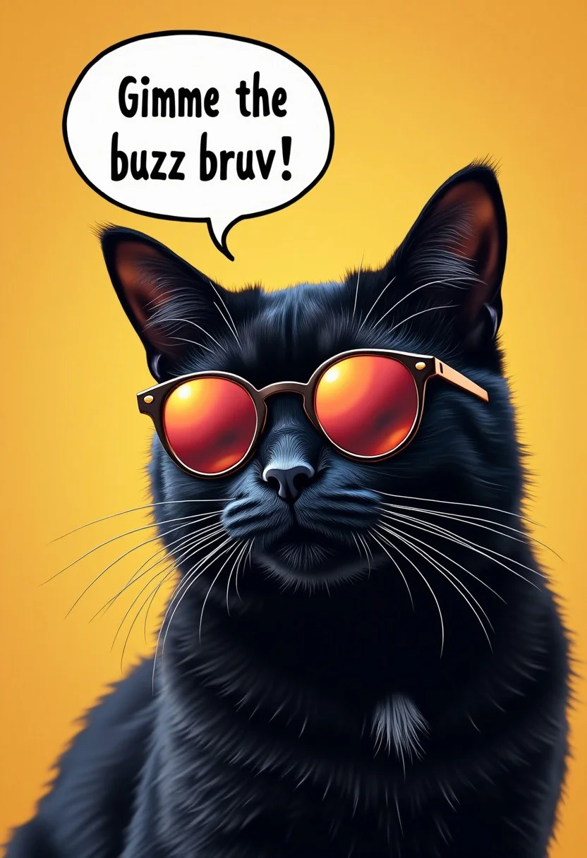 Photo of a super cool black cat with sunglasses. speechbubble "Gimme some buzz bruv"