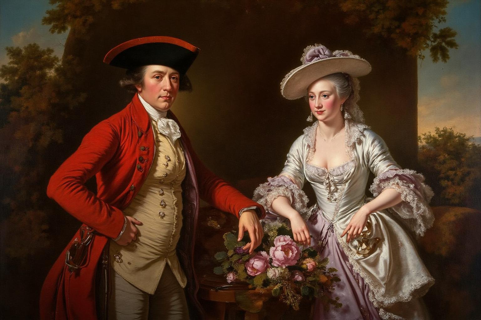 josephwright1 painting. 
On the left, a man in a red coat with a white waistcoat and a black tricorne hat holds a rifle.
On the right, a woman in a lavish gown with lace and ribbons holds a bouquet of flowers.
 <lora:josephwright1_cap_d6a3e12:1.0><lora:849110846020825827:0>