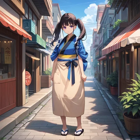 score_9, score_8_up, score_7_up, score_6_up, score_5_up, score_4_up, BREAK source_anime, look at viewer, rating_safe, 1girl, solo, outdoors, city, full body, standing, masterpiece, best quality, high detailed skin, inoue takina, takina kimono, long hair, black hair, twintails, purple eyes, japanese clothes, blue kimono, apron, waist bow, tabi, sandals,