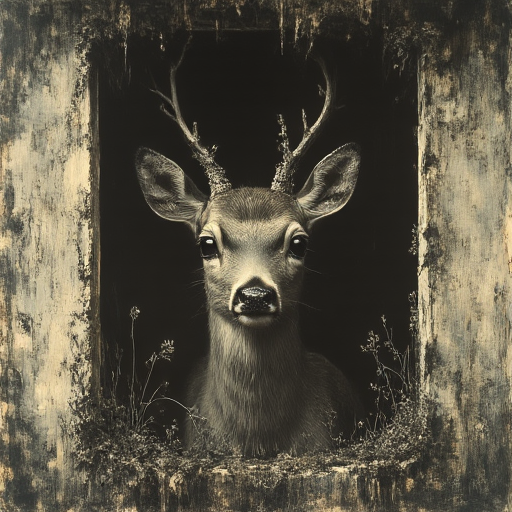 manly, from behind, no humans, window, tiles, eye focus, grass, deer, closed mouth, close-up, old
