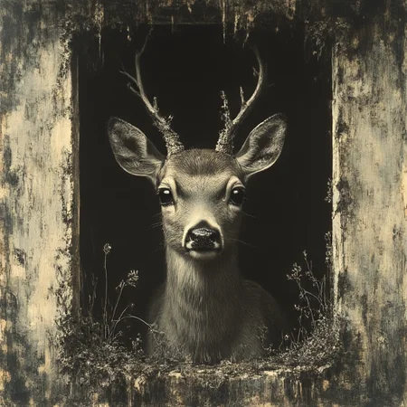 manly, from behind, no humans, window, tiles, eye focus, grass, deer, closed mouth, close-up, old