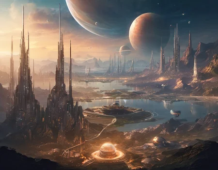 (((The most amazing scene ever created)))+++, (((Fantasy art)))+++, (((Sci-Fi themes)))+++, (((Technological utopia)))+++, (((Another Planet)))+++, (((Timeless dimensions)))+++, (((Energy radiating everywhere, a Masterpeiece,)))+++,
