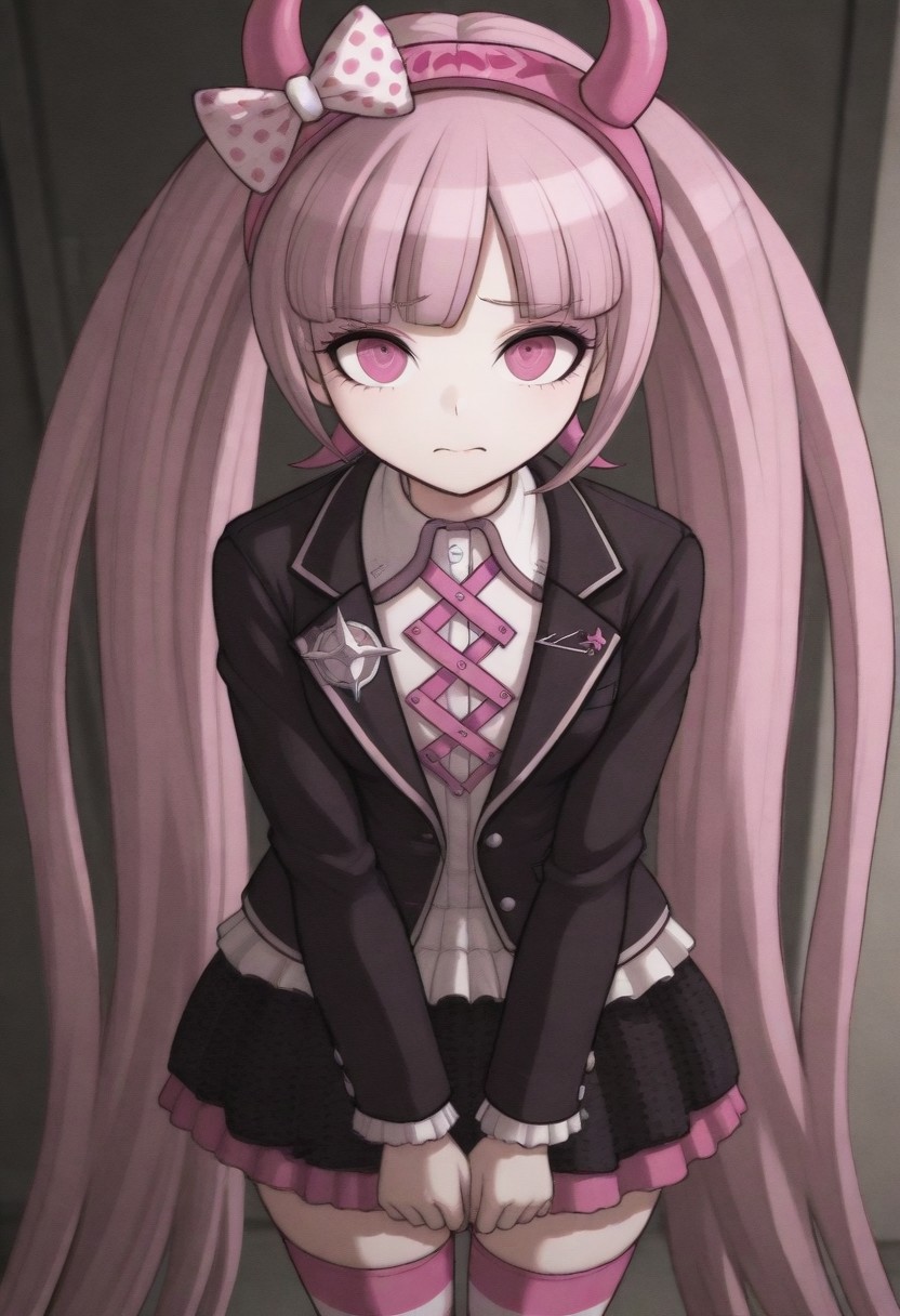 masterpiece, best quality, amazing quality, kotoko, pink hair, pink eyes, long hair, very long hair, twintails, blunt bangs, horned hairband, bow,