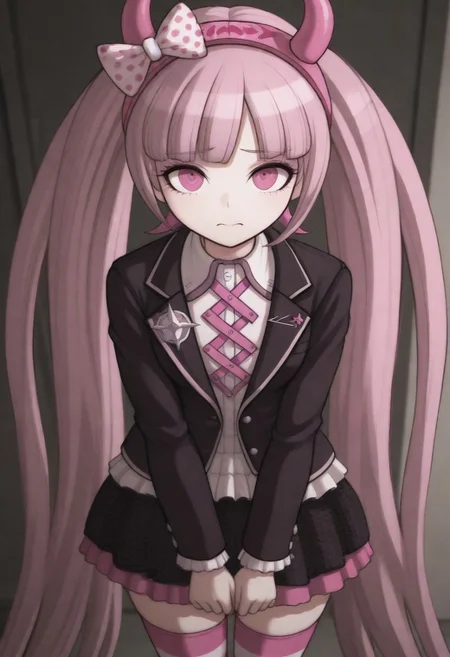 masterpiece, best quality, amazing quality, kotoko, pink hair, pink eyes, long hair, very long hair, twintails, blunt bangs, horned hairband, bow,