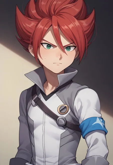 score_9, score_8_up, score_7_up, source_anime, highly detailed, 
hiroto, 1boy, male focus, solo, red hair, green eyes, alternate hairstyle, hair between eyes, spiked hair, popped collar, bodysuit, grey bodysuit,  gloves, white gloves, blue armband, upper body
outdoor,