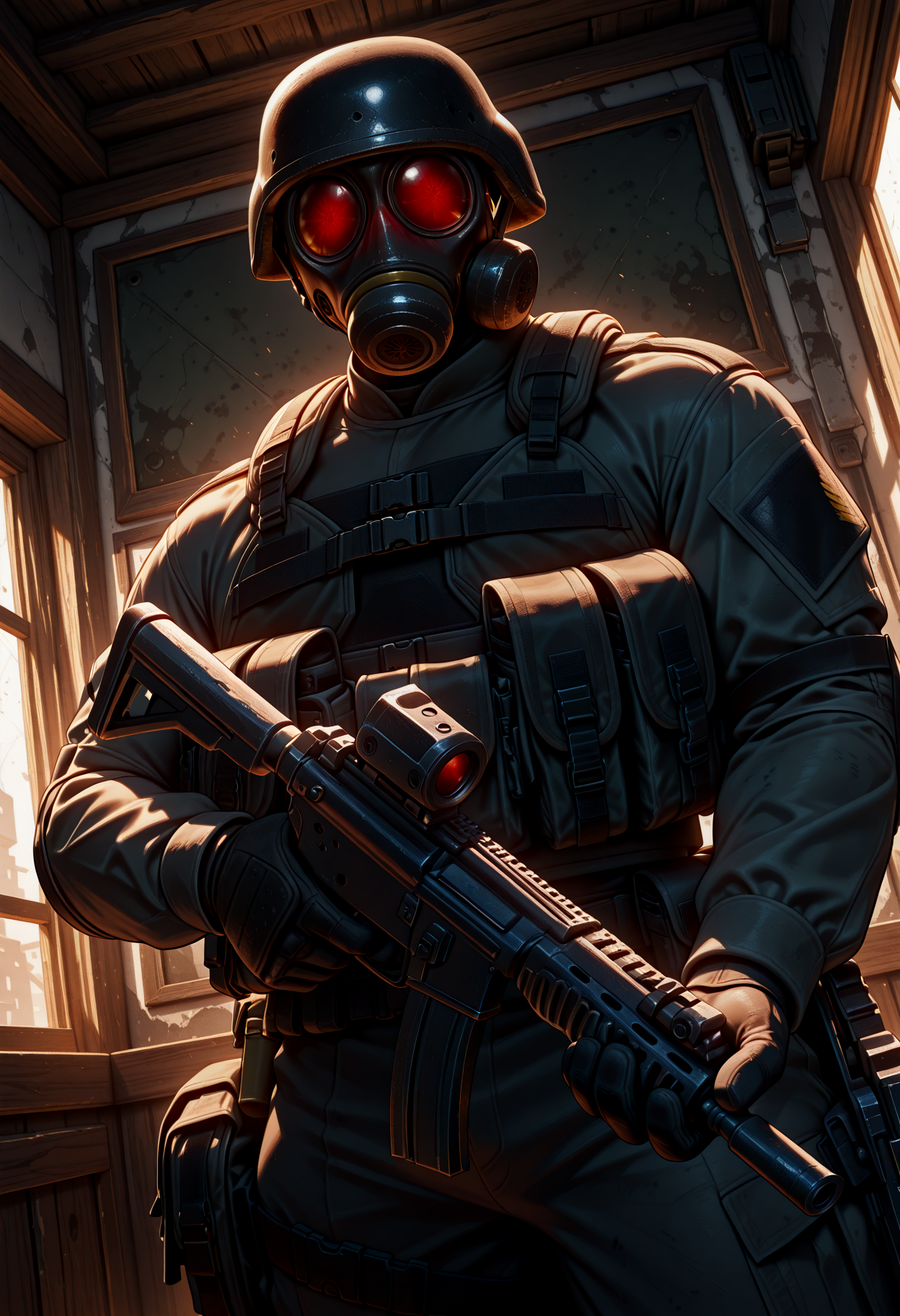 indoors, dutch angle, hunkRE, muscular, tactical gear, military, holding assault rifle, <lora:HUNK_ResidentEvil_V1_ILXL:0.8> <lora:illustriousXL_stabilizer_v1.7:0.8>, perfect anatomy, masterpiece, perfect quality, best quality, detailed, newest, very aesthetic