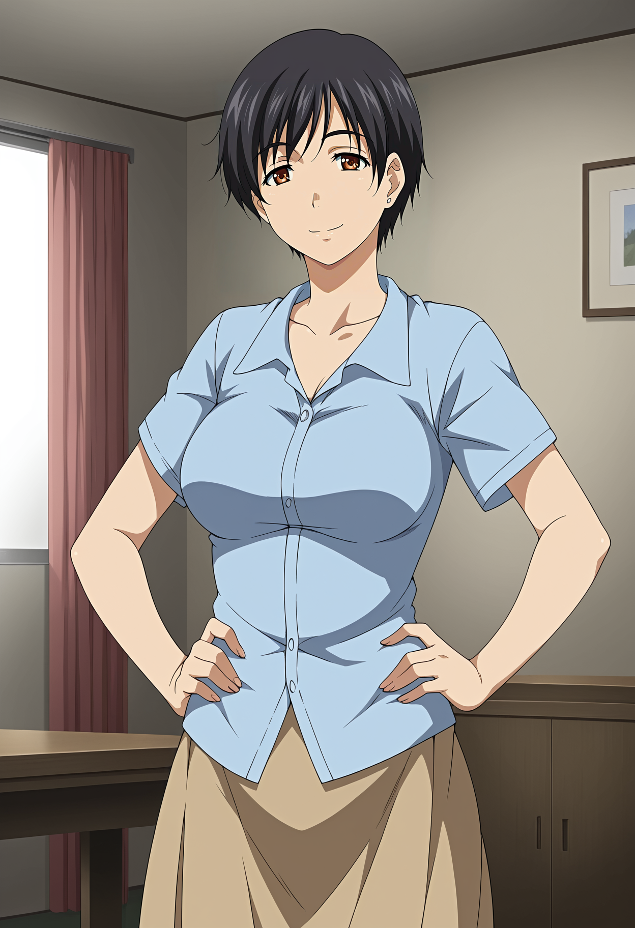 <lora:Chihiro-Houkago_Initiation:0.8>,Chihiro,mature female,1girl,solo,black hair,short hair,brown eyes,breasts,shirt,skirt,hand on own hip,cowboy shot,looking at viewer,indoors,smile