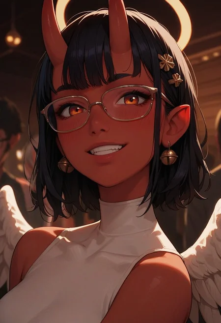 score_9, score_8_up, score_7_up, score_6_up, 
1girl, 25 years old, perfect face, looking at viewer,  (close view), cute, petite, 
red eyes, red skin, oni, red oni, demon girl, glasses, 
black hair, hair bell, hair ornament, 
white angel wings, white halo, white tight dress, 
portrait, face focus, detailed face, 
night, party, nightclub,
blush, shy smile, 
depth of field,  blurry background
