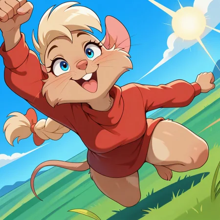 masterpiece, best quality, amazing quality, masterpiece, newest, absurdres, safe, , very aesthetic, absurdres,  jennynimh2, anthro, furry female, mouse tail, blue eyes, mouse ears, mouse girl, brown fur, whiskers, blonde hair, long hair, braided ponytail, red turtleneck sweater, long sleeves, red bow, happy, smile, open mouth, jumping, midair, dynamic pose, one hand above head, clenched fists, one knee raised, dynamic pose, dynamic angle, dramatic angle, closed mouth, outside, grassfield, sunny, blue sky volymetric lighting, from below,, <lora:3d2116e4-c604-49e7-800c-60beed9a4787:1.2>