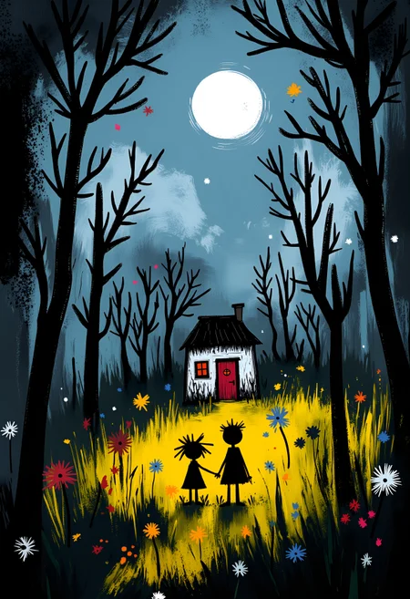 . whimsicalart, darkfairytale, (moonlightart:1.2), (whimsical illustration:1.2), dreamy, moody, fantasy, magic.  from behind.  ((hansel and gretel) standing hand in hand in a dark lone forest at midnight under the full moon. there is a (lonly dark rotten small (gingerbread cabin)) where an (old witch looks out of the door):1.2).  extreme spooky atmosphere, fog, mist.   masterpiece of fun.  brilliant dark collors, volumetric lighting, god rays.  , <lora:30 style\flux Dark Whimsical Art v1 ()>, <lora:30 style\flux MOONZ WILD v1 ():0.8>, , , , ,