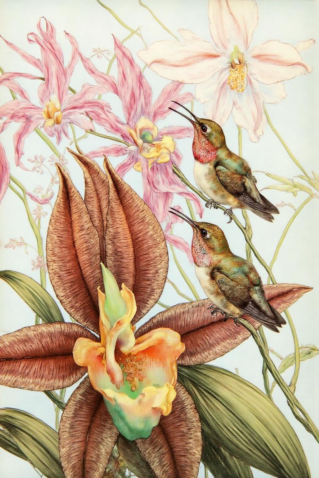 detmo1d watercolor painting.
Watercolor painting depicting a lush, exotic flower with a delicate, intricate design, featuring a pair of hummingbirds. The hummingbirds, one on the left and one on the right, are perched on a branch adorned with delicate, elongated flowers and foliage. <lora:detmold1_cap_d6a3e13:1.0><lora:831792482409975772:0>