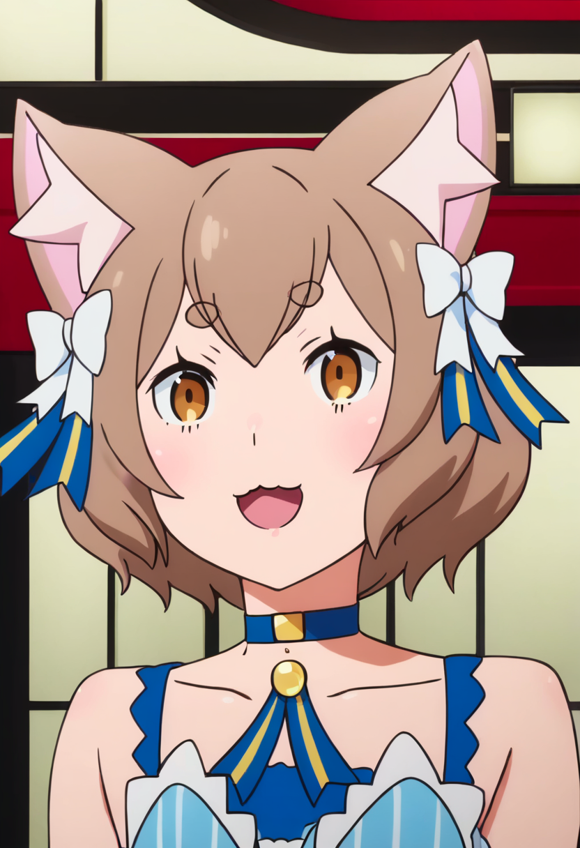 <lora:felix_argyle:1> dress, felix argyle, 1boy, male focus, otoko no ko, animal ears, brown hair, solo, choker, open mouth, bow, cat ears, detached sleeves, hair bow, short hair, ribbon, dress bow, white bow, brown eyes, bolo tie, thick eyebrows, bare shoulders, blue choker, blush, smile, collarbone, striped