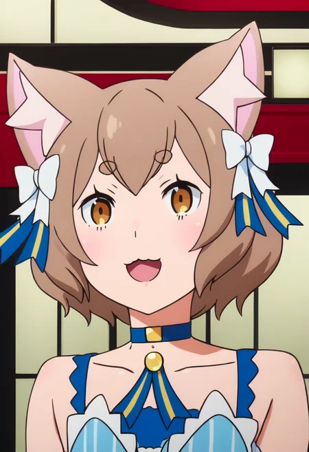 <lora:felix_argyle:1> dress, felix argyle, 1boy, male focus, otoko no ko, animal ears, brown hair, solo, choker, open mouth, bow, cat ears, detached sleeves, hair bow, short hair, ribbon, dress bow, white bow, brown eyes, bolo tie, thick eyebrows, bare shoulders, blue choker, blush, smile, collarbone, striped