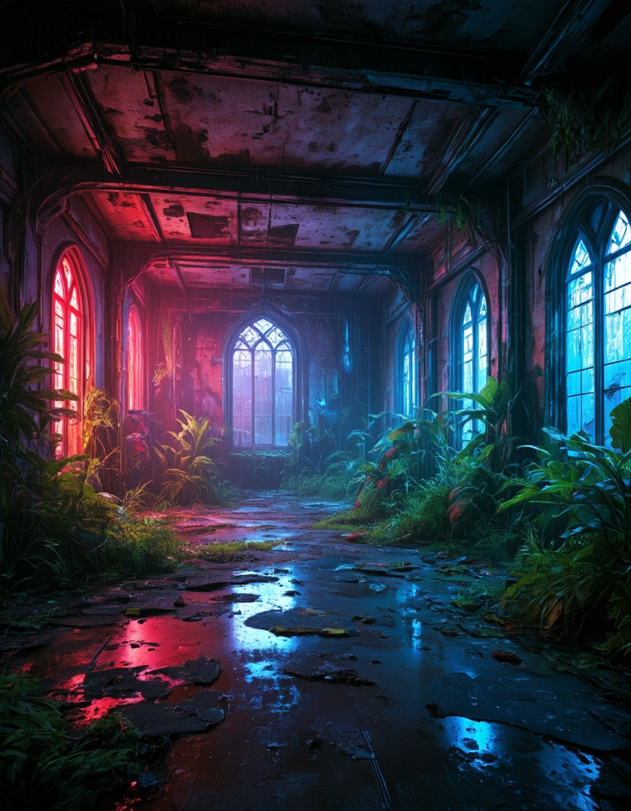 <lora:City_Worlds02_Lost_Operaflux:1>  cw02lost, cyberpunk, neons, wet, vegetation, abandoned church, dirty, windows, crackled, decay,
