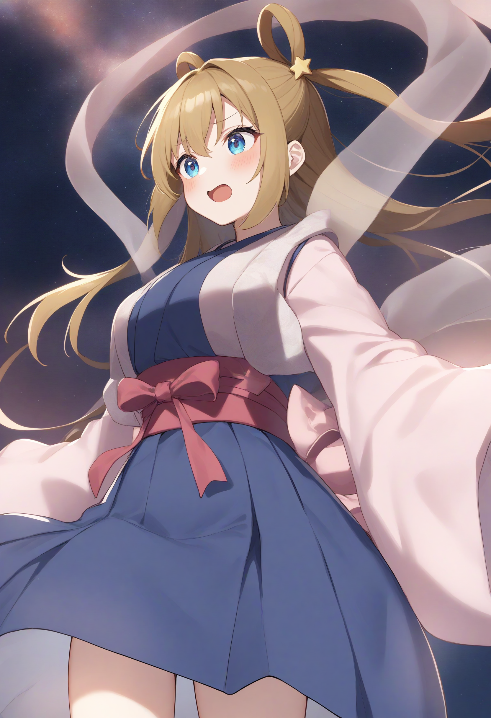 1girl,sincos, ningen mame, toosaka asagi,solo,medium breasts,
orihime, hair rings, hair ornament, shawl, japanese clothes, tanabata, hagoromo, long sleeves, wide sleeves, sash, kimono, star (sky), night,bamboo,tanzaku, <lora:orihime_XL_v1:1.0>
from below, cowboy shot, looking away, blonde hair, silver eyes,smug,  open mouth, twintails hair,,
best quality, very aesthetic, absurdres