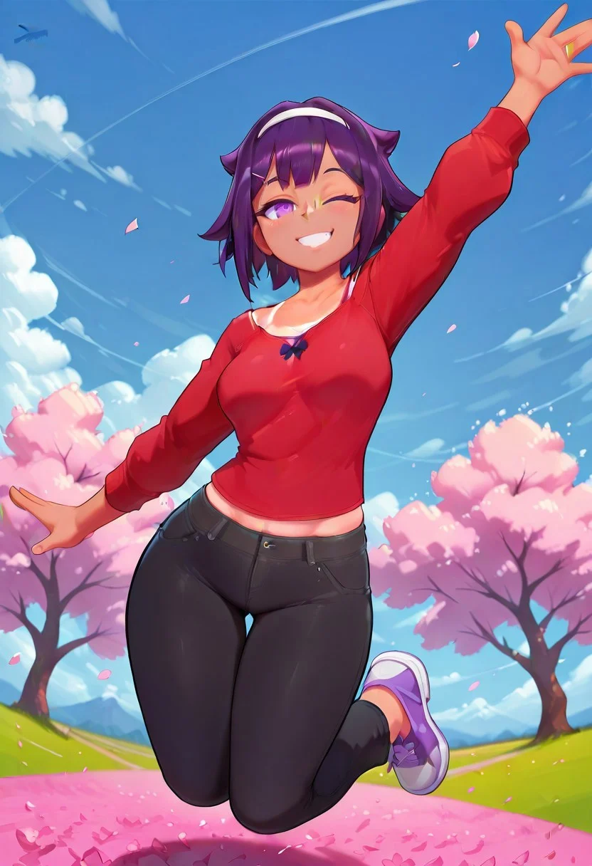 freebos_smoothiestyle, score_7_and_up, absurdres, highquality, source_anime, masterpiece, 4kres, good hands, good eyes, 1girl, gorgeous , himari_dwno, purple eyes, purple hair, short hair, tan skin, red sweatshirt, black pants, happy, action shot, jumping, smile, springtime, cherry blossoms, outside, daytime, clouds, grassy field, looking at viewer, winking, waving