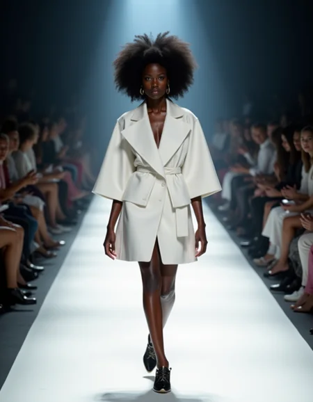 fashion catwalk, lighting, photo,
Women wearing white box shaped outfit, round afro hair, black skin,