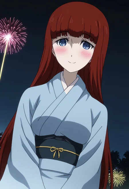 rating_safe, Ultra-high-detailed Anime illustration of Kagari Shiina from Anime Steins;Gate 0. 
The artwork features Kagari in a solo, standing position with a outdoors, flield, and night background. night time. night.
She is depicted with intricate details showcasing her large breasts, natural_breasts. She is a white skinned, 22 years old woman. Kagari is looking_at_viewer with perfect_eyes, Her pupils are highly detailed. The eyes are open. blue eyes. Kagari's eyes are highlighted. Highlighted eyevrows. 
She has long hair, red colored hair, styled in blunt bangs and floating hair.
She is wearing a blue kimono and black shoes. japanese kimono, kimono.
The artistic style is intricate_details_xl with a focus on Anime art. The color palette emphasizes red and black with detailed strokes to bring out the character's features. The lighting creates dramatic shadows and highlights, adding depth to the artwork. The perspective is from a face focus, dutch angle to enhance the impact of the character's expression. This masterpiece is a true portrayal of Kagari's complex personality and will captivate any fan of Kagari. uncensored, upper body, blushing, smile, Kagari Shiina,
perfecteyes,
<lora:Steins_Gate:1>
kimono
happy new year!, Happy New Year fireworks, Happy New Years