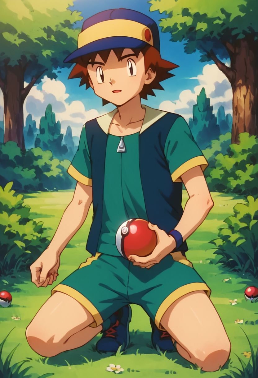 score_9, score_8_up, score_7_up, source_anime, highly detailed, 1boy, solo, male_focus,
richie_poke, open eyes, focuses, on one knee, short pants, t-shirt,
tall grass, woods, hold, one hand holding poke ball, satisfaid, looking at poke ball,
day,