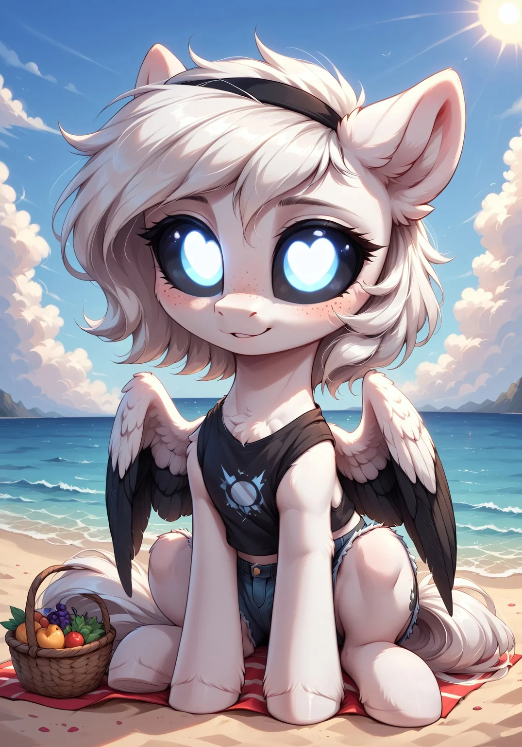 masterpiece, source_pony, (best quality:1.1), ultra-detailed, high resolution, solo, highly detailed macro illustration BREAK Albina, feral pony, (black sclera), (glowing white eyes:1.4), (<3:1.4), (freckles:0.8), (white fur:1.2), fluffy ears, white mane, tail, (black feathery wings:1.3), (cute expression, cute face:1.5) BREAK (Loose crop top:1.3), (distressed denim shorts:1.3), (black headband:1.2) BREAK beach, (on a beach towel:1.3), (snack basket:1.2), ocean waves, clear blue sky, fluffy clouds, bright sunlight, sand, beach umbrellas BREAK mikus-concept, full body, big eyes, chibi, (close-up:1.3) BREAK Highly Visible, sharp focus, perfect lighting, anatomically correct, extremely detailed, high detail, Expressiveh, OverallDetail, zPDXL3