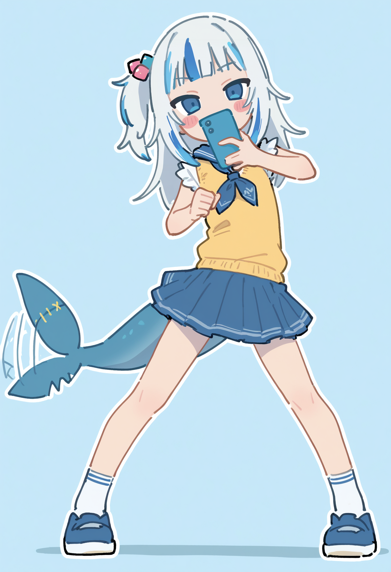 gawr gura, 1girl, bare arms, bare legs, blue background, blue eyes, blue hair, blue neckerchief, blue skirt, blunt bangs, blush stickers, cellphone, covered mouth, dancing, full body, hair bobbles, hair ornament, holding, holding phone, legs apart, long hair, looking at viewer, meme, miniskirt, multicolored hair, neckerchief, official alternate costume, one side up, outline, phone, pleated skirt, pokedance \(meme\), shoes, short sleeves, simple background, skirt, smartphone, socks, solo, streaked hair, tail, tail wagging, vest, virtual youtuber, white hair, white outline, white socks, yellow vest, 
, masterpiece, best quality, good quality,
<lora:firedotinc_noob-vpred1.0_prodigy-schedulefree_edm2_v4:1>