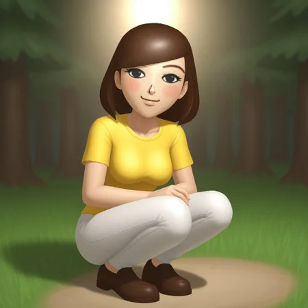 score_9, score_8, BREAK, solo, wii, mii, wii sports, 1girl, female mii, black eyes, brown hair, brown eyebrows, blush, yellow clothing, white pants, shoes, nintendo mii, modern_mii, classic_mii, breasts, Mizuho_(Wii_Sports), cute, sexy pose, smile, outdoors, sunlight, shadows, evening lighting, natural lighting, forest, trees, grass, orange sky, sunset