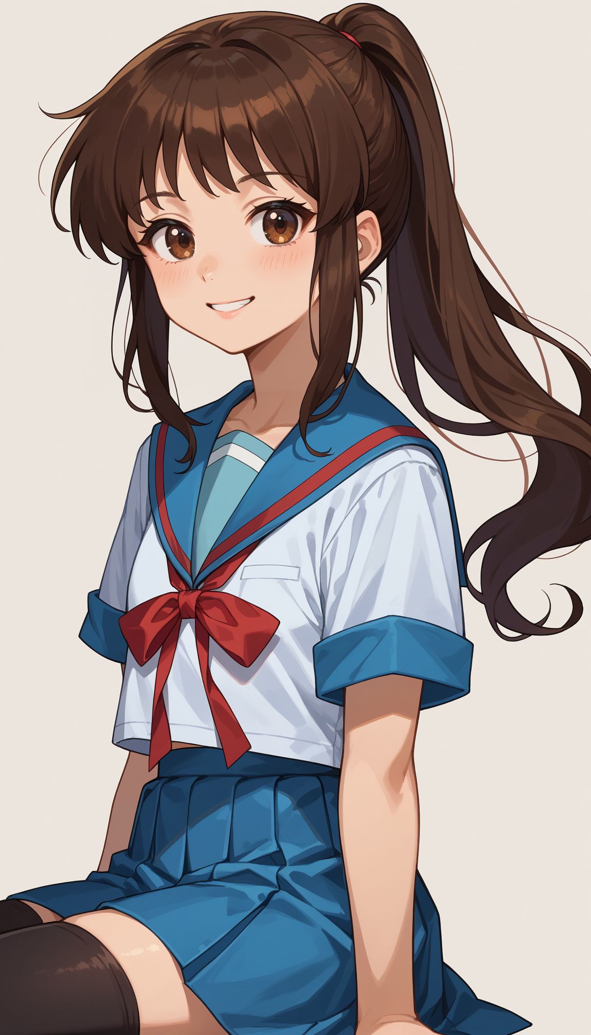 score_9, score_8_up, score_7_up, source_anime, ,  <lora:Kyonko:0.8> 1girl school uniform, kyonko, , blue sailor collar, ponytail, summer uniform, blue skirt, black thighhighs, serafuku, brown hair, long hair, red ribbon, short sleaeves, zettai ryouiki, brown eyes, smile, simple background
