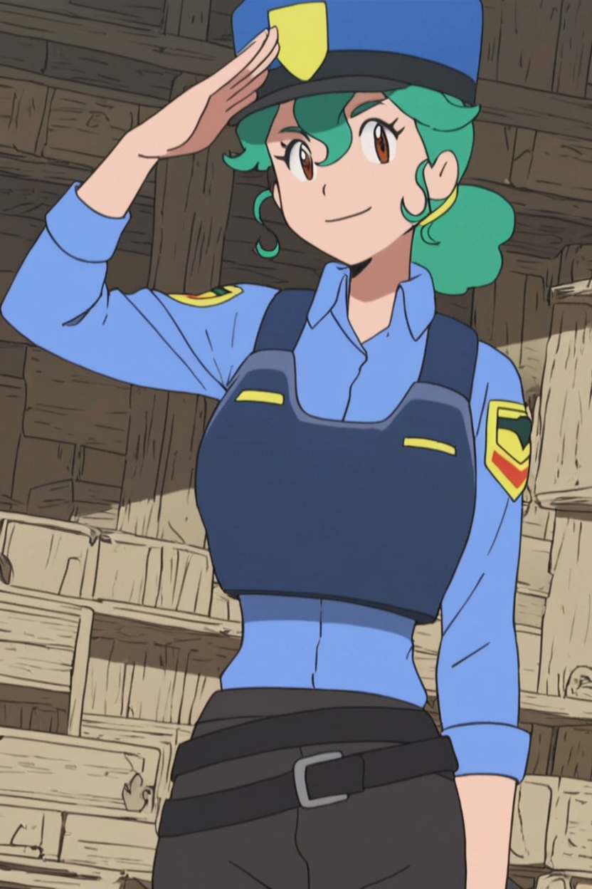 score_9, score_8_up, score_8, medium breasts, (curvy), cute, eyelashes,      ,,,   zzJenny, brown eyes, hair between eyes, green hair, long hair, ponytail, short hair, police uniform, policewoman, shirt, police hat, blue shirt, collared shirt, black pants, cowboy shot, salute,   <lora:JennySunMoonPDXL:1>,   ,,, smile, looking at viewer,  ,,, embedding:zPDXL, Expressiveh, <lora:SDXLFaeTastic2400:0.5>,  <lora:Expressive_H-000001:0.4>,
