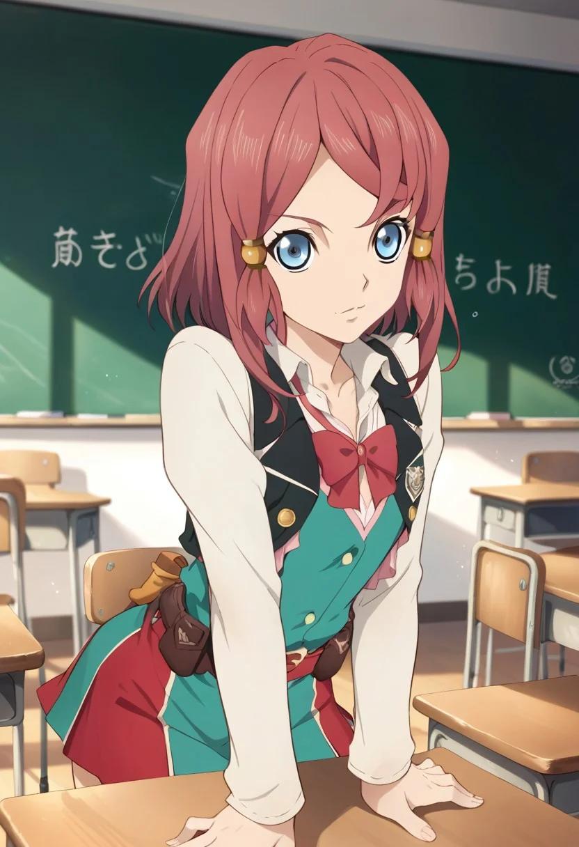score_9, score_8_up, score_7_up, source_anime, 1girl, BREAK, ROSE (TALES OF ZESTIRIA),student uniform, classroom