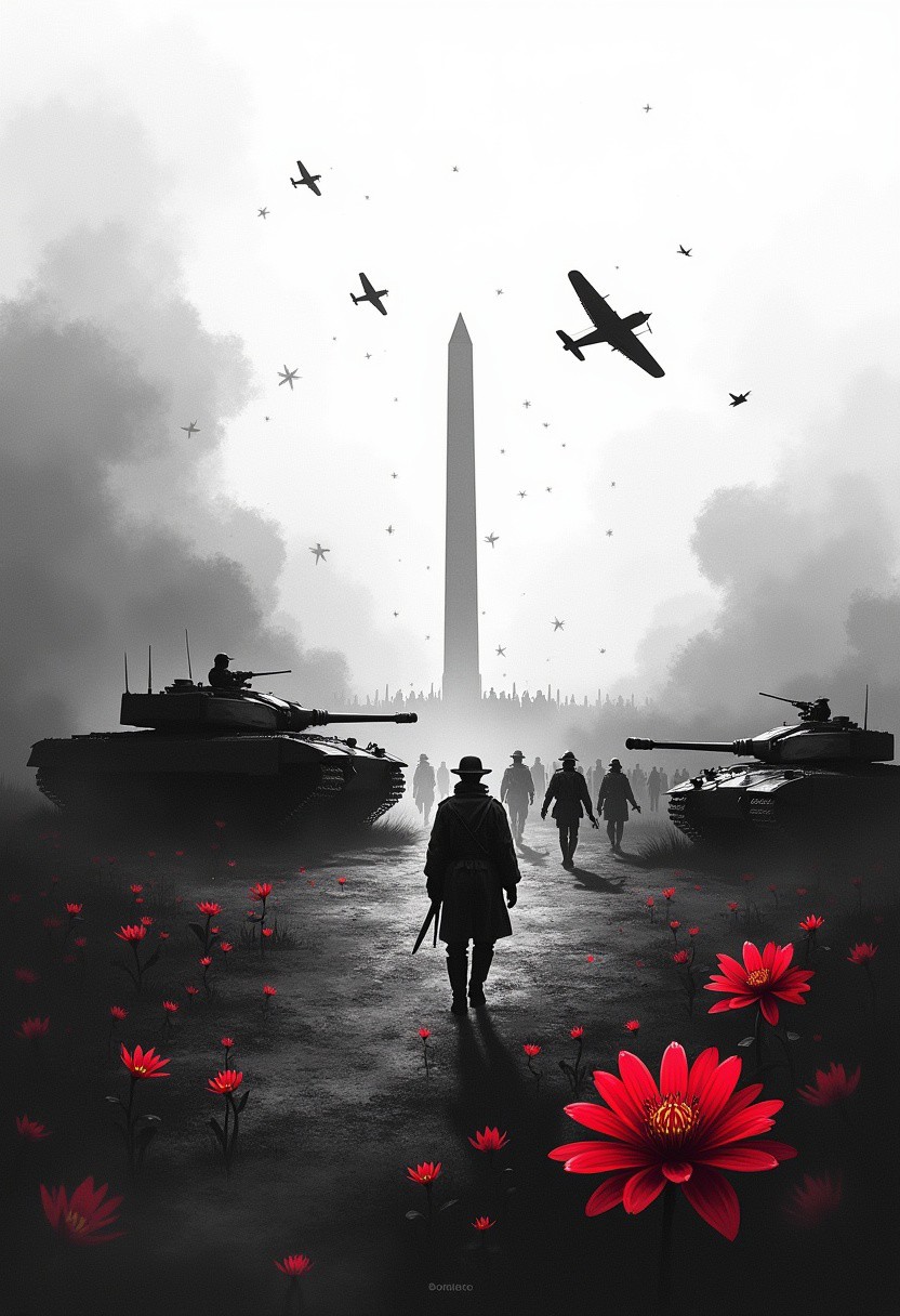 In this illustration, a surreal battlefield stretches to the horizon, its landscape rendered in stark black and white. Tanks and planes dissolve into abstract shapes, their outlines blurred and distorted. Amidst the chaos, ghostly figures of soldiers march on, their faces obscured by shadows. In the distance, a towering monument rises, its form a testament to the cost of war. Yet, amidst the darkness, a single flower blooms, its petals a vibrant splash of color against the monotone backdrop. The mood is somber yet poignant, capturing the bittersweet nature of remembrance. Harsh, angular lighting casts deep shadows, emphasizing the stark contrast between light and dark. T-shirt design graphic, vector, contour, white background.