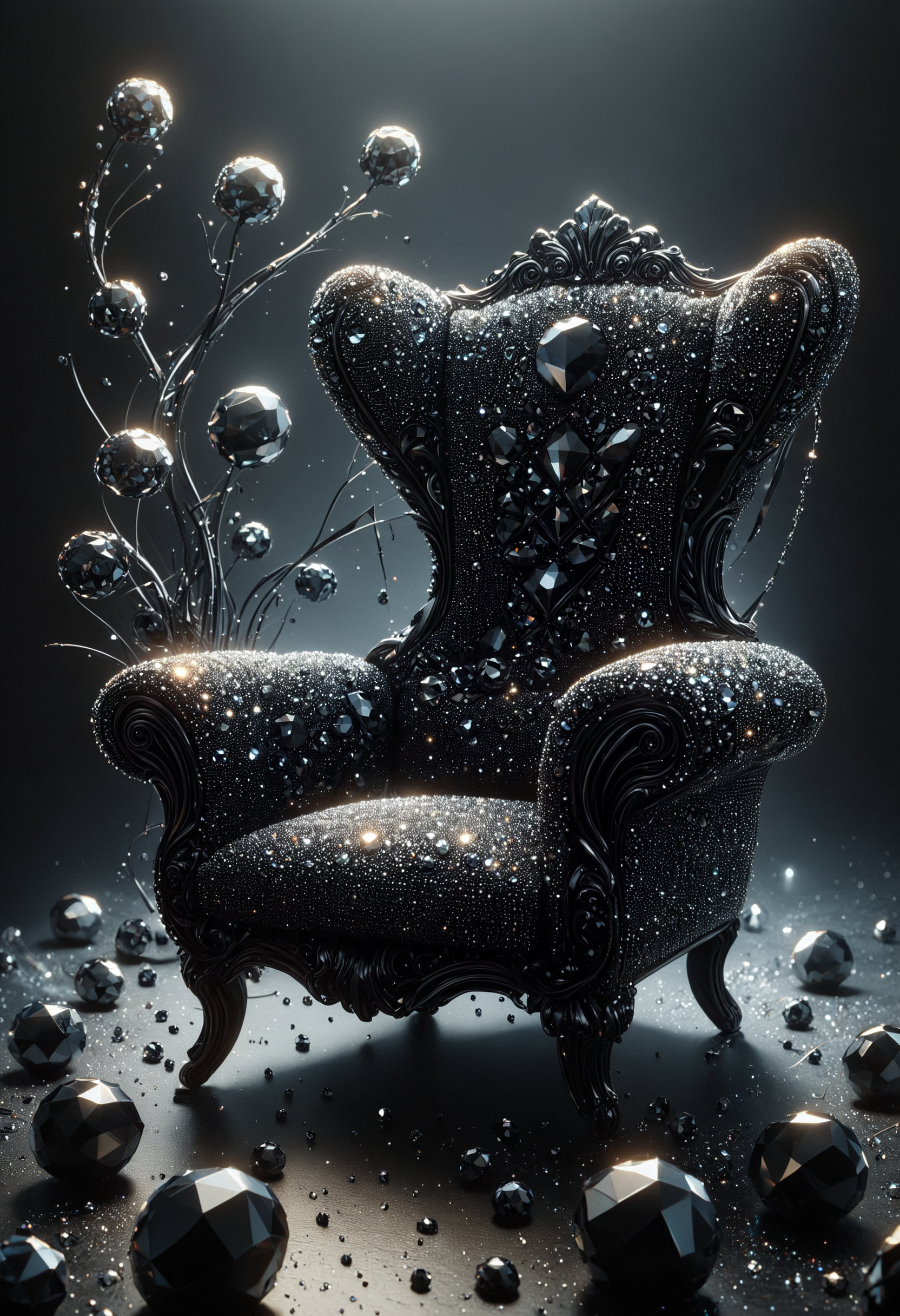 indoors, Unforgettable (Adirondack chair of Treachery:1.3), (by Alphonse Mucha:1.1), Detailed illustration, Neon Light, BW, otherworldly, made out of black diamonds, <lora:PinkieBlckDmndsSDXL-v1:1>, p1nkblackd1am0nds,
