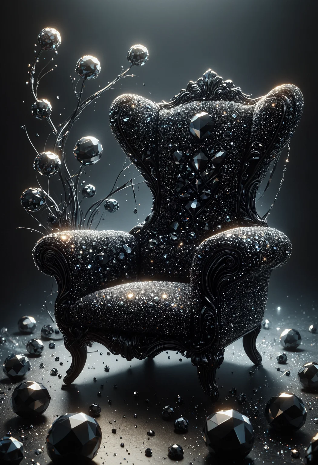 indoors, Unforgettable (Adirondack chair of Treachery:1.3), (by Alphonse Mucha:1.1), Detailed illustration, Neon Light, BW, otherworldly, made out of black diamonds, <lora:PinkieBlckDmndsSDXL-v1:1>, p1nkblackd1am0nds,