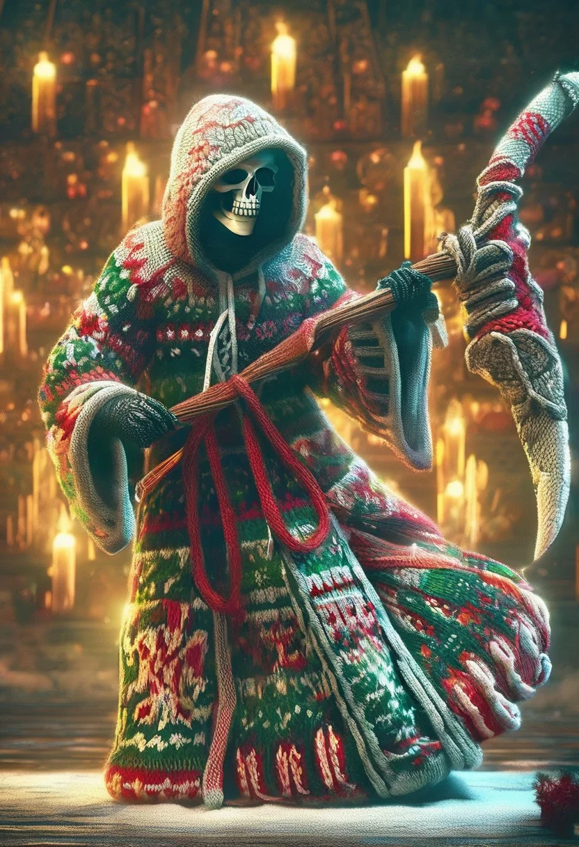 core_9, score_8_up, score_7_up,score_7_up, A ChristmasSweater reaper, covered in ribbons, glowing knitted skull mask, clad in a wrapping paper hooded coat, loose fitting coat, holding a large oversized candy cane scythe, stands amid a frozen fountain, its eerie presence blending menace with surreal elegance,