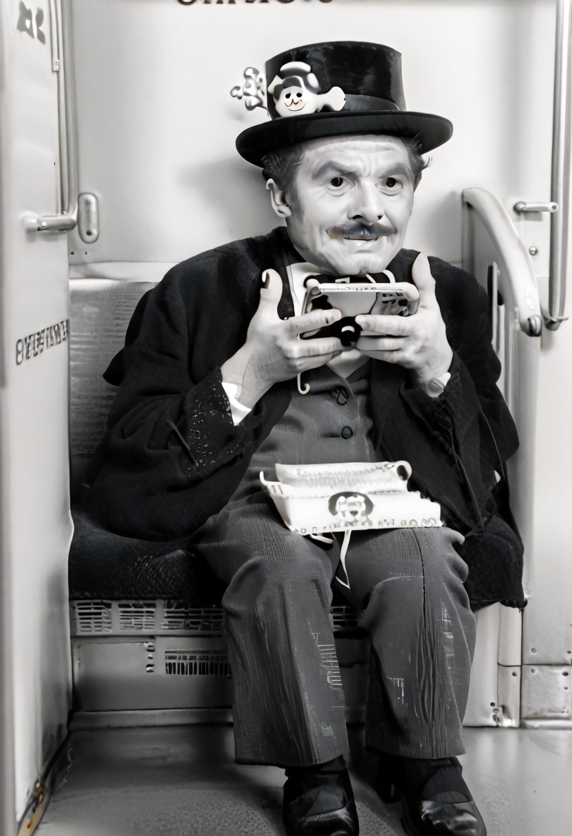 (((black and white, legsonthetra1n, from front, sitting across from viewer, train interior, holding phone, leg focus))),((small man with mustache, top hat, kenbis, chibi, chibi, male only, male, male chibi, monocle, art deco, thick mustache, comically large mustache, handlebar mustache, tiny, multiple men, shrunk, microxl, some little guys,  high angle, from above)), bwMovies, realistic, photo, vintage photo, ((very small man, small man, a small man, a man who is small, a small man)), an unapologetically small human male, black and white, smiling, very happy, euphoric, ecstatic, wonderful small men, large smile, huge smile