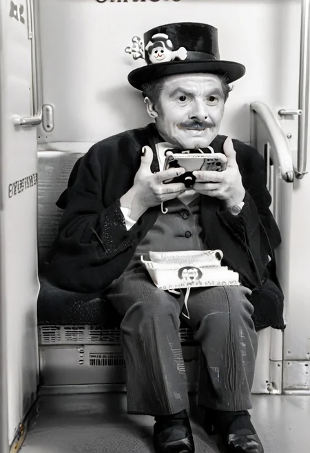(((black and white, legsonthetra1n, from front, sitting across from viewer, train interior, holding phone, leg focus))),((small man with mustache, top hat, kenbis, chibi, chibi, male only, male, male chibi, monocle, art deco, thick mustache, comically large mustache, handlebar mustache, tiny, multiple men, shrunk, microxl, some little guys, high angle, from above)), bwMovies, realistic, photo, vintage photo, ((very small man, small man, a small man, a man who is small, a small man)), an unapologetically small human male, black and white, smiling, very happy, euphoric, ecstatic, wonderful small men, large smile, huge smile