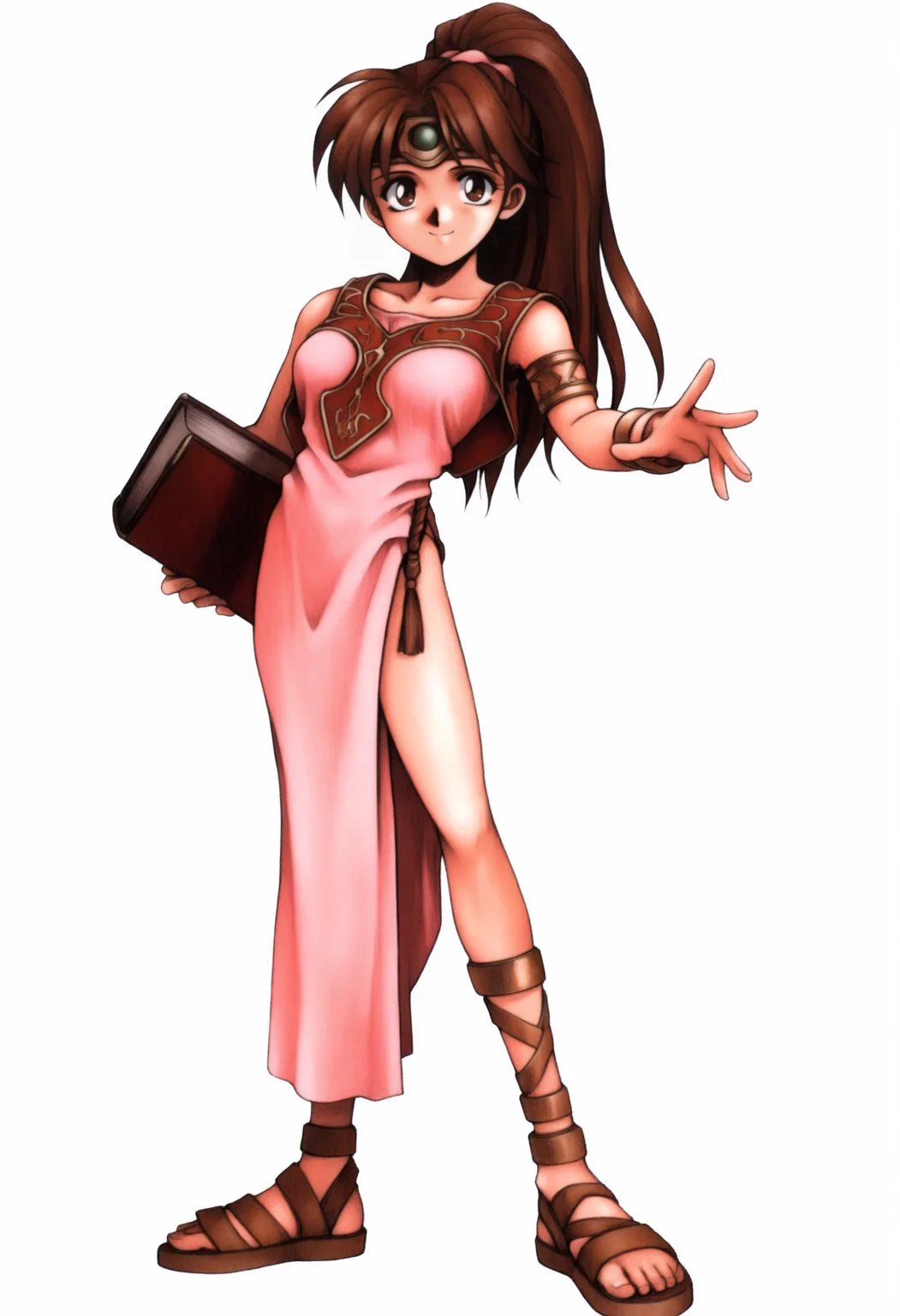 masterpiece, best quality, solo, 1girl, smile, looking at viewer, <lora:FF7-Offical-Art-illus_Fp:1>, 1990s \(style\), simple background, white background, full body, standing, <lora:Linde-illus_Fp:1>, lindefe1, brown hair, brown eyes, ponytail, circlet, pink dress, armlet, side slit, sandals, book, long hair,
