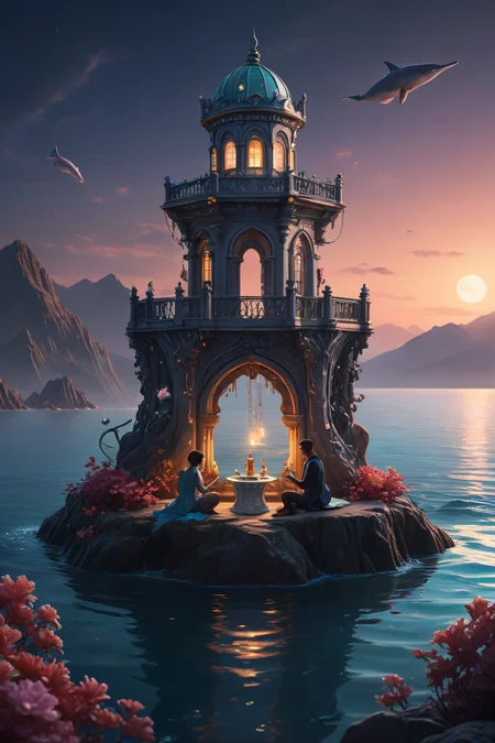 metropolis-themed A talking teapot in an underwater city setting with a romantic tone. The talking teapot, adorned with shimmering pearls and iridescent scales, perches on the edge of a moonlit grotto within the underwater city. The gentle glow of jellyfish lanterns illuminates the scene as the teapot pours a steaming cup of seaweed-infused tea for two lovers sitting on a nearby throne-like rock. The couple's faces are aglow with the soft light, their eyes locked in a tender gaze as they sip their tea and whisper sweet nothings to each other amidst the soothing sounds of ocean currents and distant whale songs. urban, cityscape, skyscrapers, modern, futuristic, highly detailed