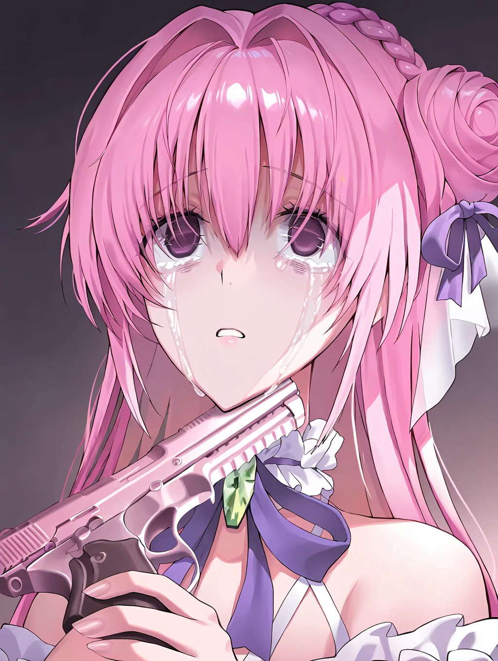 (masterpiece,best quality,ultra_detailed,highres,absurdres:1.2,amazing quality,very aesthetic),<lora:overzone_ilxl_v1-000006:1>,dorothy \(nikke\),1girl,holding gun,pink hair,crying,crying with eyes open,purple ribbon,ribbon,tears,solo,hair bun,single side bun,long hair,handgun,parted lips,hair ribbon,purple eyes,dress,empty eyes,braid,hair intakes,frills,bare shoulders,suicide,gun to head,white dress,hair between eyes,streaming tears,portrait,neck ribbon,