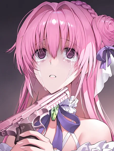 (masterpiece,best quality,ultra_detailed,highres,absurdres:1.2,amazing quality,very aesthetic),<lora:overzone_ilxl_v1-000006:1>,dorothy \(nikke\),1girl,holding gun,pink hair,crying,crying with eyes open,purple ribbon,ribbon,tears,solo,hair bun,single side bun,long hair,handgun,parted lips,hair ribbon,purple eyes,dress,empty eyes,braid,hair intakes,frills,bare shoulders,suicide,gun to head,white dress,hair between eyes,streaming tears,portrait,neck ribbon,