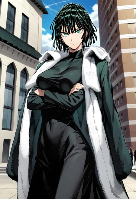 score_9,score_8_up,score_7_up,source_anime, FUBUKI_(ONE_PUNCH_MAN),1girl,solo,breasts,looking at viewer,short hair,black hair,dress,green eyes,jacket,outdoors,sky,day,black dress,blue sky,coat,crossed arms,building,jacket on shoulders,fur coat,
