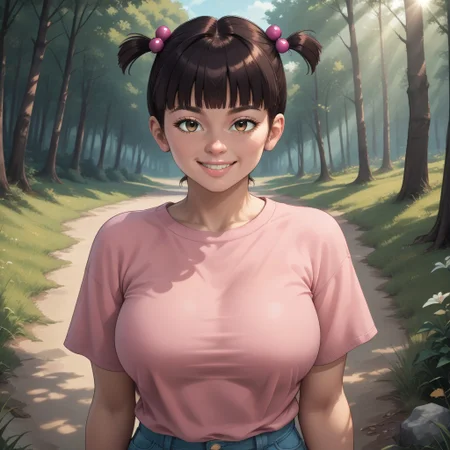 score_9, score_8, BREAK, solo, Boo, 1girl, brown hair, hair bobbles, hair ornament, brown eyes, twintails, blunt bangs, pink shirt, shorts, shoes, tall, adult female, mature female, big breasts, sexy pose, self portrait, smile, looking at viewer, outdoors, sunlight, shadows, evening lighting, natural lighting, forest, trees, grass, orange sky, sunset
