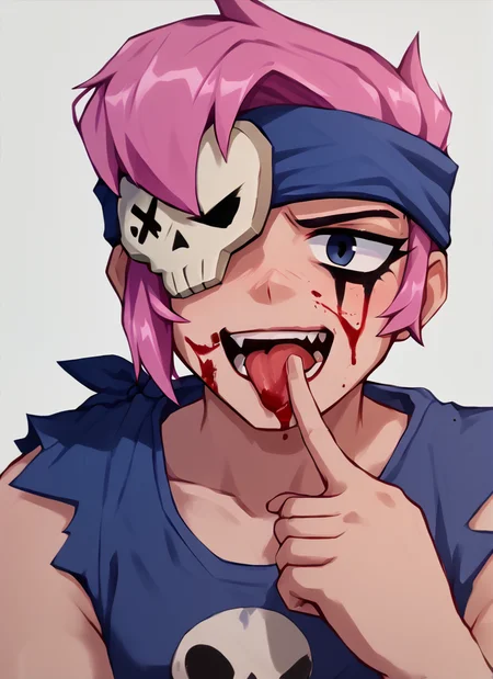 score_9, score_8_up, score_7_up, <lora:bspenny:1> bspenny ,1girl , pink hair , short hair, black eye , bandana, one eye covered , skull ,hairband , eyepatch, tongue out, blood on face, finger to mouth,